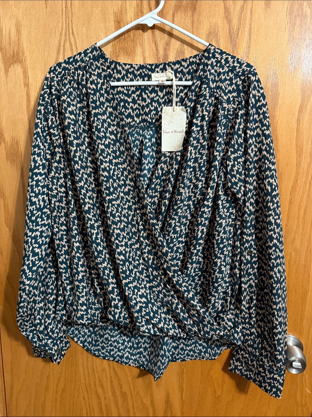 Hem & Thread Teal and Cream Abstract Wrap Blouse